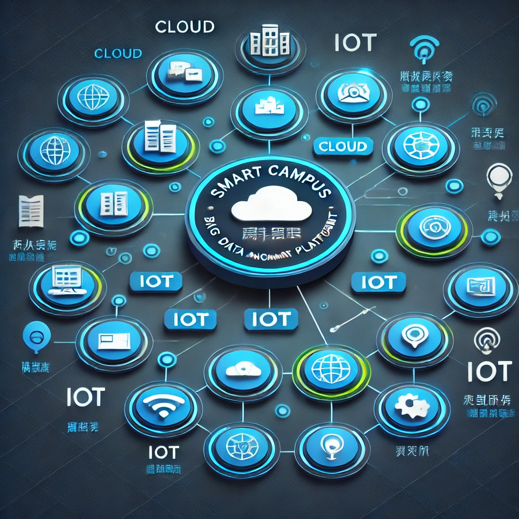 DALL·E 2025-04-16 13.39.08 - Create a digital diagram of a smart campus big data management platform. The diagram should include a cloud center labeled '云计算数据中心' in the center, wi.webp