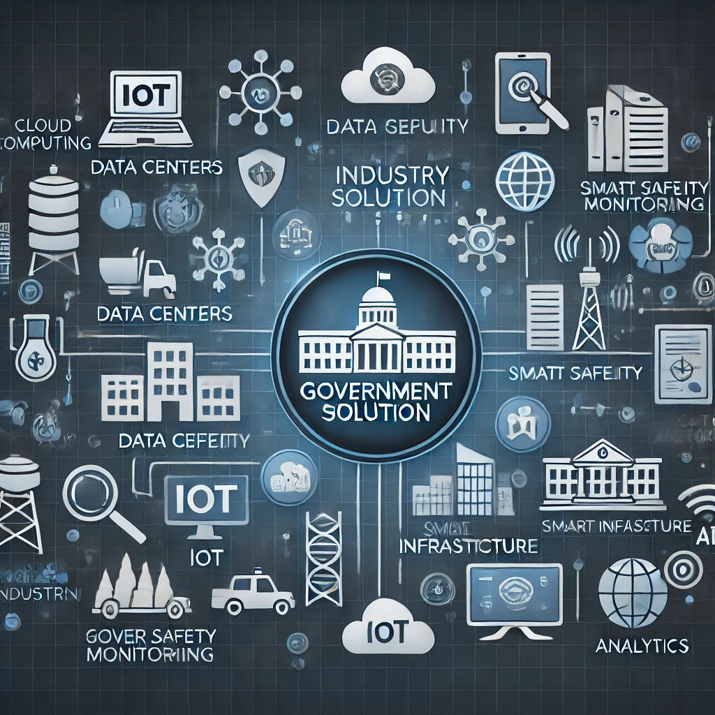 DALL·E 2025-04-16 14.15.36 - Create a digital diagram illustrating a government industry solution. The diagram should depict the application of technology in government management.webp