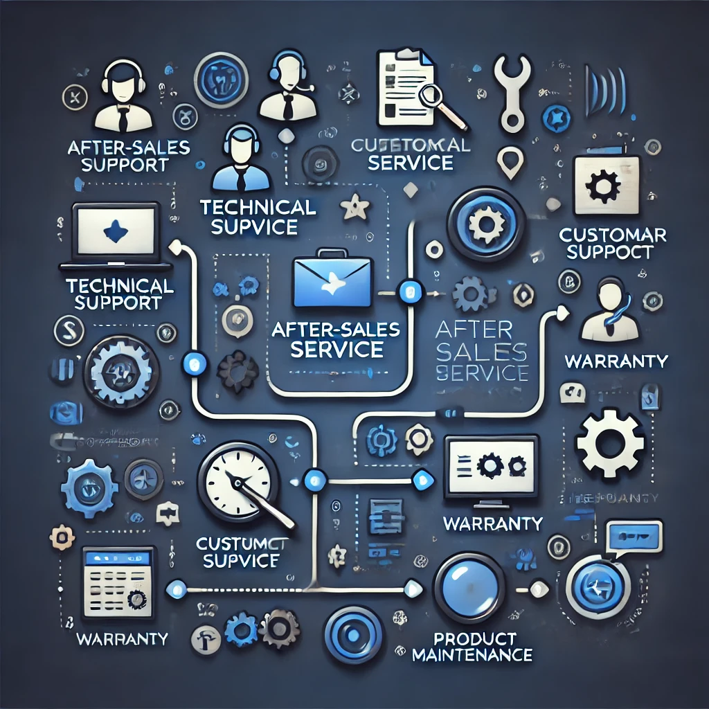 DALL·E 2025-04-16 14.17.28 - Create a digital diagram illustrating the after-sales service process, including technical support, customer service, warranty, and product maintenanc.webp